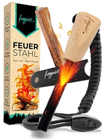 freigeist Feuerstahl | Feuerstein mit Handgefertigtem Holzgriff für noch besseren Funkenflug | Firestarter | Feuerstarter + Zunder für Feuerstahl Outdoor + Paracord + Notfallpfeife + Beutel - 1