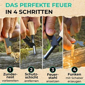 freigeist Feuerstahl | Feuerstein mit Handgefertigtem Holzgriff für noch besseren Funkenflug | Firestarter | Feuerstarter + Zunder für Feuerstahl Outdoor + Paracord + Notfallpfeife + Beutel - 6