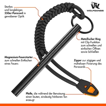 WOLFGANGS Feuerstahl Outdoor XXL - Feuerstein Survival mit extra starkem Paracord - Outdoor Feuerstarter Survival - Outdoor Firestarter extrem langlebig - Starker Funkenflug Feuer bei jedem Wetter - 2