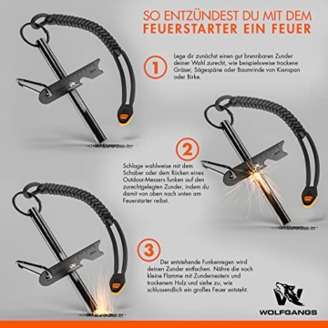 WOLFGANGS Feuerstahl Outdoor XXL - Feuerstein Survival mit extra starkem Paracord - Outdoor Feuerstarter Survival - Outdoor Firestarter extrem langlebig - Starker Funkenflug Feuer bei jedem Wetter - 4