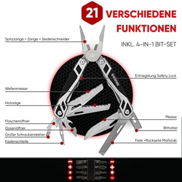 AVENTURIS® Multitool Werkzeug Edelstahl, Survival outdoor Messer perfektes Camping Zubehör, Tolles 21 in1 Multifunktionsmesser mit u.a. Zange, Säge und Schraubendreher zum Reparieren oder auf der Jagd - 4