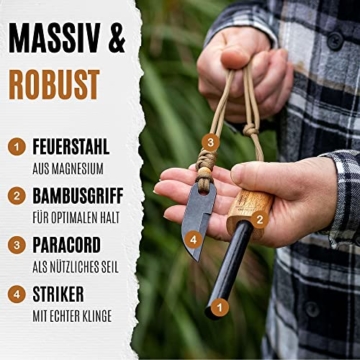 Camp Buddy „Bamboo“ Feuerstahl XXL - Magnesium Feuerstein - Extrem Starker Funkenflug + Holzgriff & Schaber für die Survival Ausrüstung - Feuerstarter für Outdoor & Camping - 3