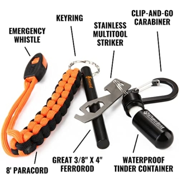 Feuerstahl Outdoor - Feuerstarter mit Zunder - Feuerstein Survival Kit für Outdoor-Ausrüstung - Feuerstahl Set inklusive Paracord und Notpfeife - Prepper Ausrüstung - 2