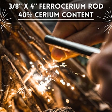Feuerstahl Outdoor - Feuerstarter mit Zunder - Feuerstein Survival Kit für Outdoor-Ausrüstung - Feuerstahl Set inklusive Paracord und Notpfeife - Prepper Ausrüstung - 4