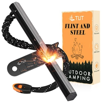 Feuerstahl Outdoor mit 50.000 Zündungen - TUT 12,7 cm Hexagon Form XXL Feuerstein Survival Magnesium Feuerstarter Set mit Pfeife & Schaber für Outdoor Ausrüstung Bushcraft Camping - 1