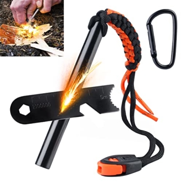 Feuerstahl XXL - Feuerstein Survival - Magnesium Feuerstarter mit Paracord - Feuerstahl Outdoor - EXTREM Starker Funkenflug + Notfallpfeife - Stahlschabermit Skalamit Flaschenöffner - 1