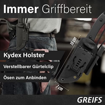 GREIFS® Outdoor-Messer MILAN mit Kydex Holster und Feuerstahl, Survival Messer für die Bushcraft Ausrüstung, edles Jagdmesser, Schnitzmesser und Fahrtenmesser (Schwarz) - 6
