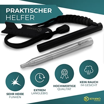 KIYANO Feuerstahl Premium Set inkl. Blasrohr - XL Feuerstahl - Extrem starker Funkenflug - Feuerstein für Outdoor, Survival, Camping & Bushcraft - 4