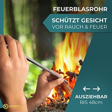 KIYANO Feuerstahl Premium Set inkl. Blasrohr - XL Feuerstahl - Extrem starker Funkenflug - Feuerstein für Outdoor, Survival, Camping & Bushcraft - 5