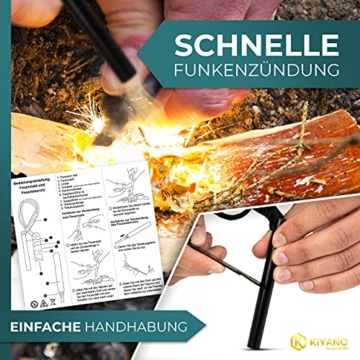 KIYANO Feuerstahl Premium Set inkl. Blasrohr - XL Feuerstahl - Extrem starker Funkenflug - Feuerstein für Outdoor, Survival, Camping & Bushcraft - 6