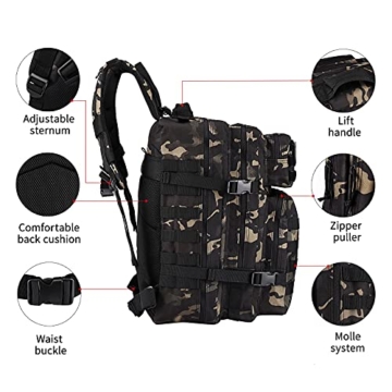 Oreunik Militär Rucksack Herren,45L Wasserdicht Taktischer Bundeswehr Rucksack Notfallrucksack Survival Backpacker Rucksack für Wandern im Freien Trekking Camping Wandern Angel Reise Arbeit(Schwarze) - 5