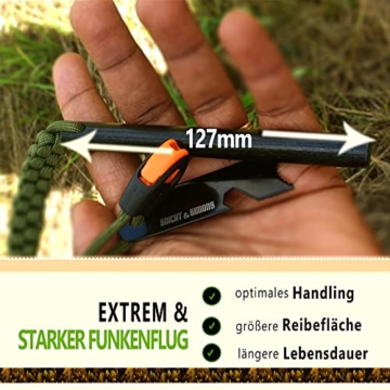 SNICHT & SIMONS Feuerstahl XXL | Mächtiger Feuerstein + Paracord Set + Karabiner | Extrem Starker Funkenflug bei jedem Wetter + Notfallpfeife | Outdoor Firestarter extrem langlebig - 5