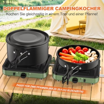 2-Flammig Campingkocher Gas Faltbar, Camping Gaskocher Herd mit Zünder & Tragetasche für Outdoor-Kochen, Campingplatz, Gartenparty, Grillabend, Picknick, Festival-Camping, Vanlife (ohne Grillplatte) - 2