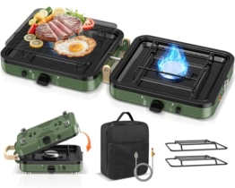 2-Flammig Campingkocher Gas Faltbar, Camping Gaskocher Herd mit Zünder & Tragetasche für Outdoor-Kochen, Campingplatz, Gartenparty, Grillabend, Picknick, Festival-Camping, Vanlife (ohne Grillplatte) - 1