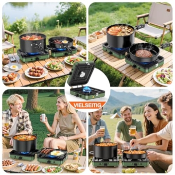 2-Flammig Campingkocher Gas Faltbar, Camping Gaskocher Herd mit Zünder & Tragetasche für Outdoor-Kochen, Campingplatz, Gartenparty, Grillabend, Picknick, Festival-Camping, Vanlife (ohne Grillplatte) - 9