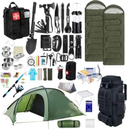2 Personen Fluchtrucksack Survivalkit Notfall-Überlebensausrüstung, Set mit Taktischem Rucksack, Zelt, 2 x Schlafsack, Erste-Hilfe-Set, Camping-Kochgeschirr, Multifunktionswerkzeuge, Outdoorausrüstung - 1
