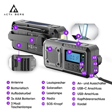 Acta Berg Kurbelradio | Notfallradio mit Kurbel & 5000 mAh Akku | Solar Radio mit Weltempfänger | Handkurbel Blackout Notfallausrüstung | Als Taschenlampe & Ladegerät, AM/FM/SW, mit USB, Grau - 2