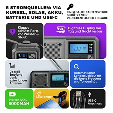 Acta Berg Kurbelradio | Notfallradio mit Kurbel & 5000 mAh Akku | Solar Radio mit Weltempfänger | Handkurbel Blackout Notfallausrüstung | Als Taschenlampe & Ladegerät, AM/FM/SW, mit USB, Grau - 3