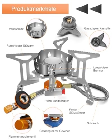 AUTOPkio Campingkocher 3500W, Winddicht Gas Campingkocher mit Piezozündung Faltbar Gaskocher Gasbrenner mit Adapter Gasherd für Outdoor Picknick Trekking Hiking Wandern - 2