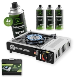 CAMPLORA Gaskocher + 4 Gaskartuschen + Tragekoffer mit Piezozündung - Campingkocher 2,2 kW - inkl. Sicherheitsabschaltung - Gaskocher Camping, Camping Kocher 1 flammig MSF-1a - 1