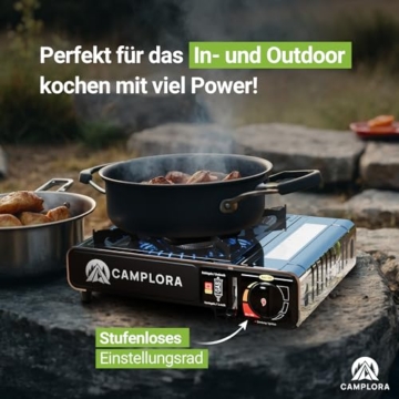 CAMPLORA Gaskocher + 4 Gaskartuschen + Tragekoffer mit Piezozündung - Campingkocher 2,2 kW - inkl. Sicherheitsabschaltung - Gaskocher Camping, Camping Kocher 1 flammig MSF-1a - 4