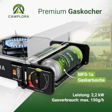 CAMPLORA Gaskocher + 8 Gaskartuschen + Tragekoffer mit Piezozündung - Campingkocher 2,2 kW - inkl. Sicherheitsabschaltung - Gaskocher Camping, Camping Kocher 1 flammig MSF-1a - 2