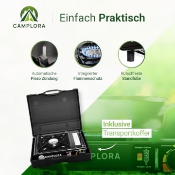 CAMPLORA Gaskocher + 8 Gaskartuschen + Tragekoffer mit Piezozündung - Campingkocher 2,2 kW - inkl. Sicherheitsabschaltung - Gaskocher Camping, Camping Kocher 1 flammig MSF-1a - 5