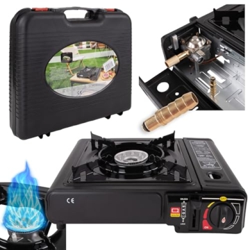 CampSup Campingkocher 2in1 Gas Set – Gaskocher mit Piezozündung, 2500 W, für Kartusche & Gasflasche, inkl. 4 x Gaskartusche 393 ml/220 g (MSF-1a), Tragekoffer & Windschutz - 2