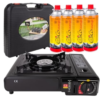 CampSup Campingkocher 2in1 Gas Set – Gaskocher mit Piezozündung, 2500 W, für Kartusche & Gasflasche, inkl. 4 x Gaskartusche 393 ml/220 g (MSF-1a), Tragekoffer & Windschutz - 1