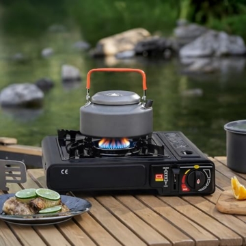 CampSup Campingkocher 2in1 Gas – Tragbarer Gaskocher mit Piezozündung, 2500 W Leistung, für Kartusche & Gasflasche, inkl. Tragekoffer & Windschutz – Outdoor, Camping, Angeln, Trekking - 2