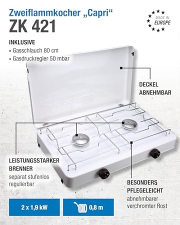 CFH Zweiflammkocher Capri ZK 421 – Camping Gaskocher 2-flammig mit 50 mbar Gasdruckregler & 80 cm Gasschlauch, 3,8 kW Leistung, 277 g/h Verbrauch, abnehmbarer Deckel & verchromter Rost, Made in Europe - 2
