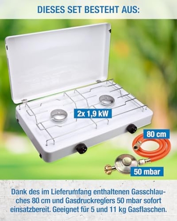 CFH Zweiflammkocher Capri ZK 421 – Camping Gaskocher 2-flammig mit 50 mbar Gasdruckregler & 80 cm Gasschlauch, 3,8 kW Leistung, 277 g/h Verbrauch, abnehmbarer Deckel & verchromter Rost, Made in Europe - 3