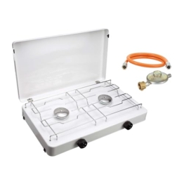 CFH Zweiflammkocher Capri ZK 421 – Camping Gaskocher 2-flammig mit 50 mbar Gasdruckregler & 80 cm Gasschlauch, 3,8 kW Leistung, 277 g/h Verbrauch, abnehmbarer Deckel & verchromter Rost, Made in Europe - 1