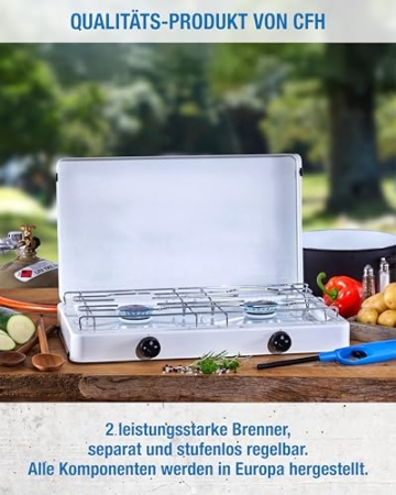 CFH Zweiflammkocher Capri ZK 421 – Camping Gaskocher 2-flammig mit 50 mbar Gasdruckregler & 80 cm Gasschlauch, 3,8 kW Leistung, 277 g/h Verbrauch, abnehmbarer Deckel & verchromter Rost, Made in Europe - 4