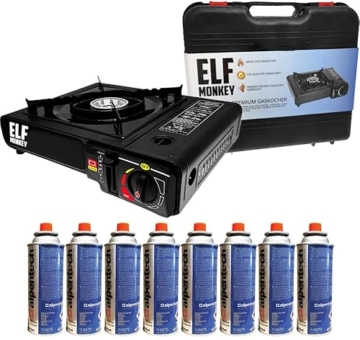 Elfmonkey Campingkocher | Gaskocher inkl. Gaskartuschen | Gasherd mit Tragekoffer: Mit 8 Gaskartuschen - 1