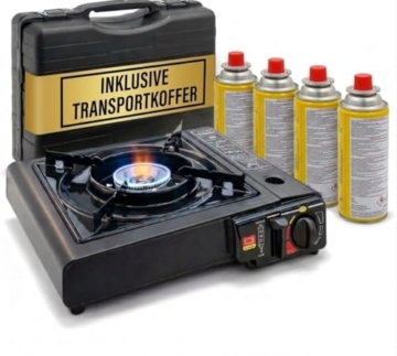 Fabona Gaskocher mit 4 Kartuschen - Campingkocher 2,2 kW mit Piezozündung - Camping Gaskocher mit Transportkoffer - Kartuschenkocher - Gas Kocher für Camping, Outdoor, Stromausfall - 1