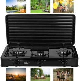 Gaskocher Camping & Outdoor 3-Flammig Gaskochfeld 30-50mbar Gasherdplatte Gas Kochplatte - abnehmbarer Deckel -Campingkocher für Gasflasche - 1