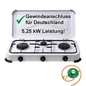 Gaskocher Campingkocher 3-flammig Gasherd 50 mbar mit Gasschlauch 100 cm und Gasregler 50 mbar - 1