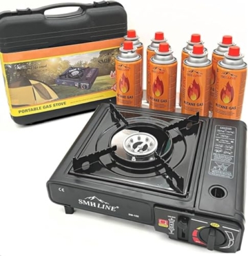 Gaskocher Campingkocher set inkl. 8 Butan Gas Kartuschen 227g Campingkocher 1- flammig max. Leistung 2,2 KW Camping Herd Outdoor Tischgrill Piezozündung Tragekoffer - 1