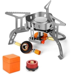 Herbst Campingkocher 3500W mit Piezozündung Faltbar Klein Camping Kocher Winddicht Gaskocher Camping Gas Stove mit Adapter Gas Gasherd für Outdoor Picknick Trekking Wandern Hiking (Silber) - 1