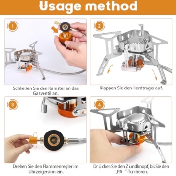 Herbst Campingkocher 3500W mit Piezozündung Faltbar Klein Camping Kocher Winddicht Gaskocher Camping Gas Stove mit Adapter Gas Gasherd für Outdoor Picknick Trekking Wandern Hiking (Silber) - 6