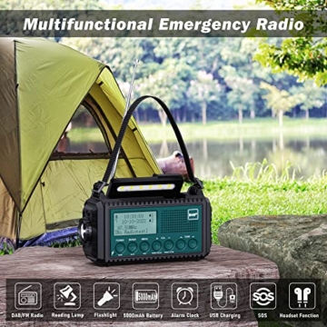 Kurbelradio DAB+/DAB/UKW mit 5000mAh Akku Wiederaufladbare, Notfallradio mit Taschenlampe & Leselicht, Tragbare Camping Radio mit USB Handyladefunktion FM Dynamo, SOS-Alarm für Wandern, Outdoor - 3