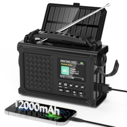 Kurbelradio DAB/UKW, Tragbare Solar Notfallradio mit 12000mAh Wiederaufladbare Powerbank, 2,4 "großes Farbdisplay, LED Taschenlampe & Leselicht, DAB+ Baustellenradio mit Bluetooth & SOS für Wandern - 1