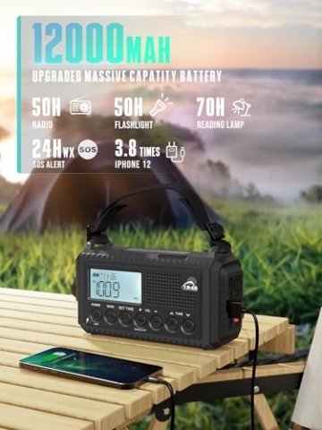 Kurbelradio mit Solar & 12000mAh Powerbank | AM/FM/SW Notfallradio, USB-C Handyladung, SOS-Alarm, Taschenlampe & Leselampe | Radio mit Weltempfänger | Wasserdicht, Tragbar für Camping, Outdoor,Schwarz - 2