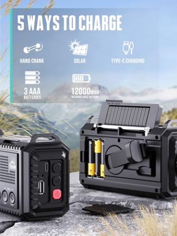 Kurbelradio mit Solar & 12000mAh Powerbank | AM/FM/SW Notfallradio, USB-C Handyladung, SOS-Alarm, Taschenlampe & Leselampe | Radio mit Weltempfänger | Wasserdicht, Tragbar für Camping, Outdoor,Schwarz - 4