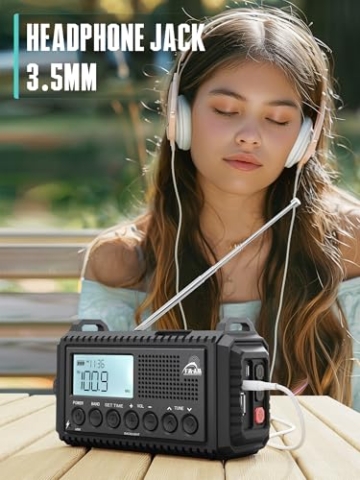 Kurbelradio mit Solar & 12000mAh Powerbank | AM/FM/SW Notfallradio, USB-C Handyladung, SOS-Alarm, Taschenlampe & Leselampe | Radio mit Weltempfänger | Wasserdicht, Tragbar für Camping, Outdoor,Schwarz - 7