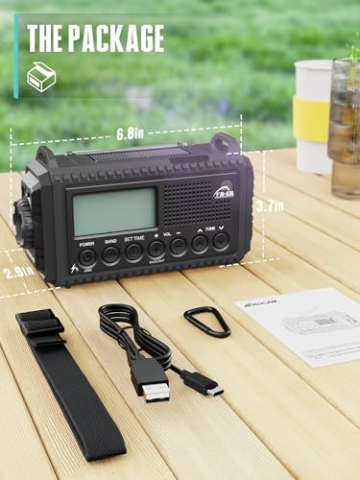 Kurbelradio mit Solar & 12000mAh Powerbank | AM/FM/SW Notfallradio, USB-C Handyladung, SOS-Alarm, Taschenlampe & Leselampe | Radio mit Weltempfänger | Wasserdicht, Tragbar für Camping, Outdoor,Schwarz - 8