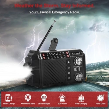 Kurbelradio Notfallradio mit 2600mAh Powerbank, Solar & USB-C Ladung, AM/FM/SW Weltempfänger, LED-Taschenlampe & SOS-Alarm für Notfall-Kits (Schwarz) - 3