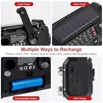 Kurbelradio Notfallradio mit 2600mAh Powerbank, Solar & USB-C Ladung, AM/FM/SW Weltempfänger, LED-Taschenlampe & SOS-Alarm für Notfall-Kits (Schwarz) - 4
