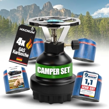 Magnum® Campingkocher inkl. 4 Gaskartuschen [Testnote: Sehr gut] Gaskocher schwarz - Camping Gaskocher stufenlos regulierbar - Gaskocher Camping (4 Kartuschen) - 1